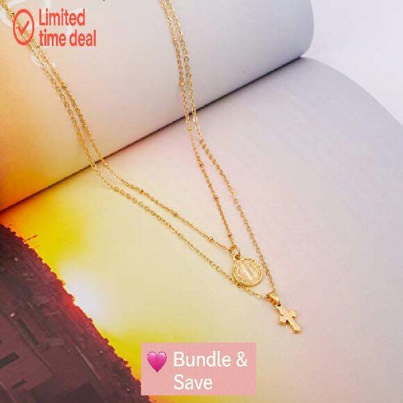 18k Gold Layered Choker Necklace with Lock Key Pendant Double Chain - Picture 7 of 8